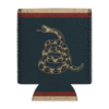 koozie with vintage coiled gadsden snake with tan and red borders on navy background