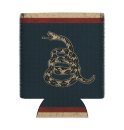 koozie with vintage coiled gadsden snake with tan and red borders on navy background