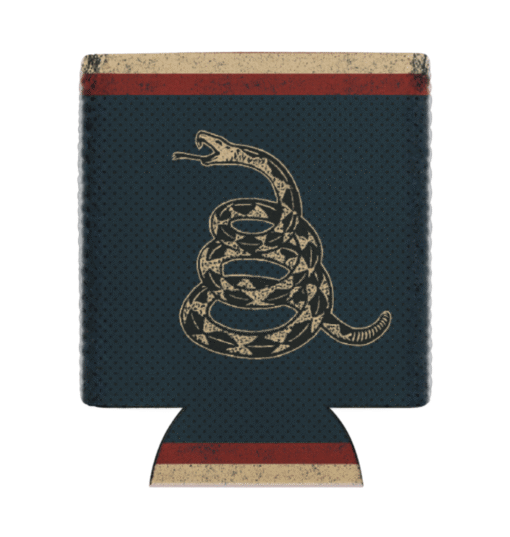 koozie with vintage coiled gadsden snake with tan and red borders on navy background