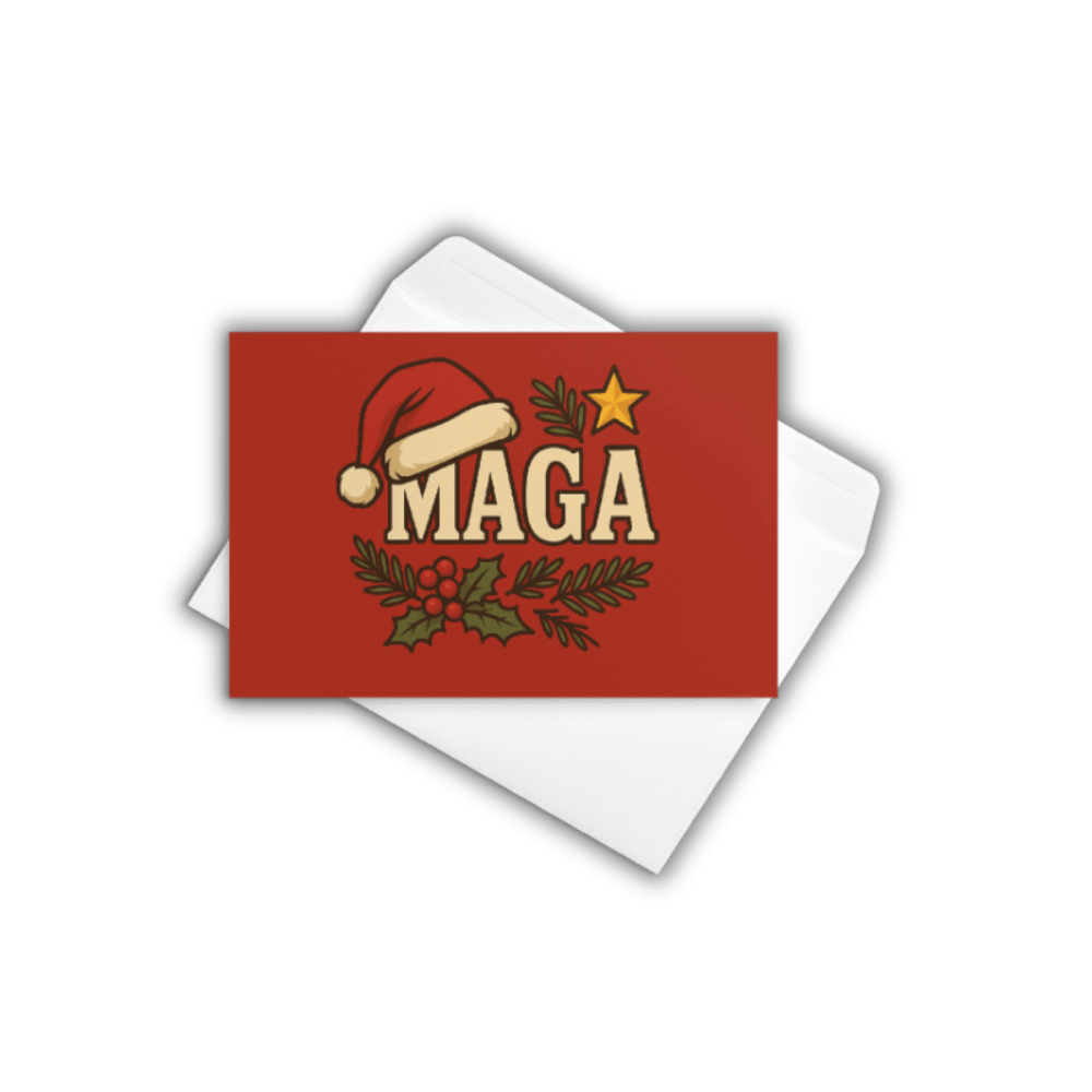 3-pack of patriotic MAGA greeting cards featuring bold holiday artwork — blank inside, printed on premium matte cardstock.