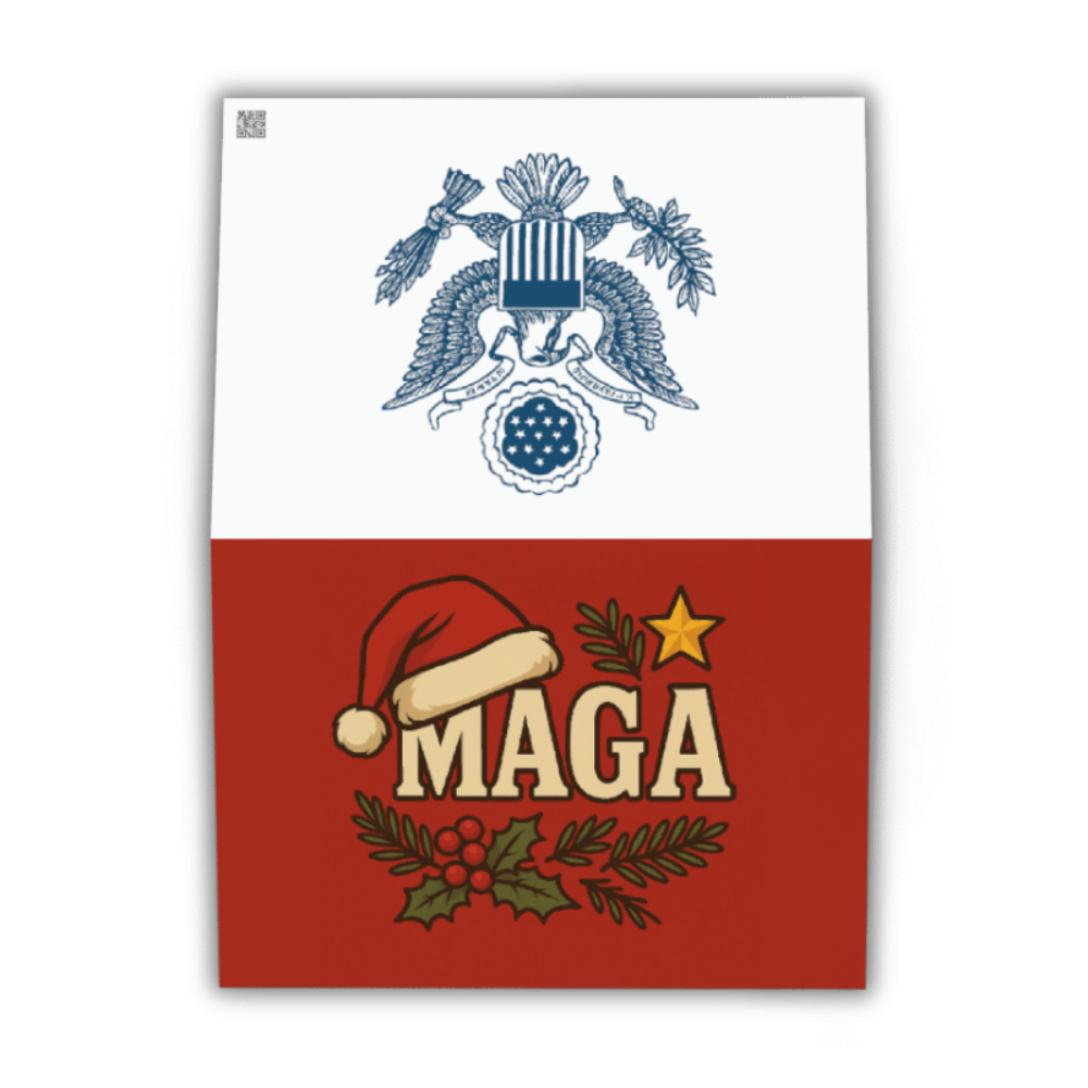 3-pack of patriotic MAGA greeting cards featuring bold holiday artwork — blank inside, printed on premium matte cardstock.