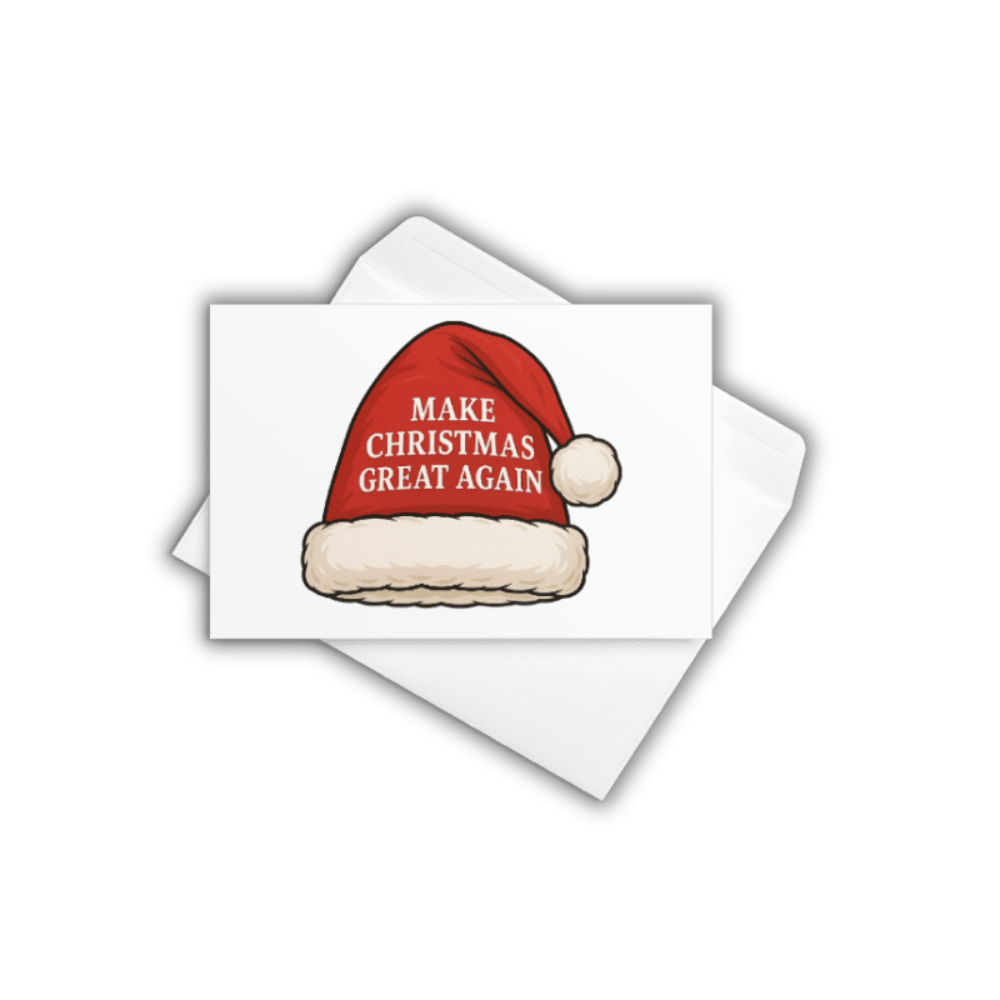 3-pack of Make Christmas Great Again greeting cards featuring a bold Santa hat design — blank inside and printed on premium matte cardstock.