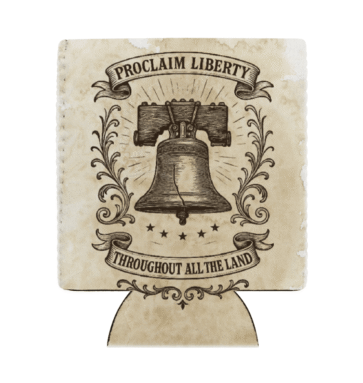 parchment-style koozie with liberty bell and statement "proclaim liberty throughout all the land"