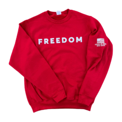 red long sleeve crew neck with charlie kirk Freedom Memorial and USA Motif with Kirks name on the sleeve