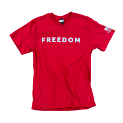 red charlie kirk Freedom Shirt with Freedom on the front, American Flag Motif with "charlie kirk" on sleeve