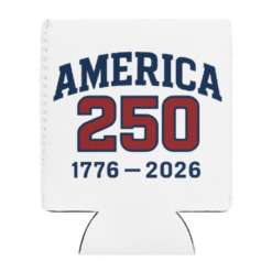 America 250 Classic White Koozie featuring bold collegiate lettering — celebrating the U.S. Semiquincentennial and 250 years of strength, unity, and freedom.