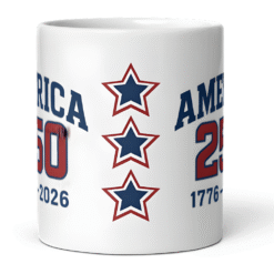 America 250 Classic 12oz Mug featuring collegiate-style lettering and 1776–2026 design — celebrating the U.S. Semiquincentennial and 250 years of American pride.