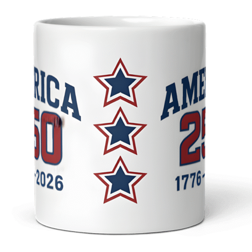 America 250 Classic 12oz Mug featuring collegiate-style lettering and 1776–2026 design — celebrating the U.S. Semiquincentennial and 250 years of American pride.