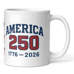 America 250 Classic 12oz Mug featuring collegiate-style lettering and 1776–2026 design — celebrating the U.S. Semiquincentennial and 250 years of American pride.
