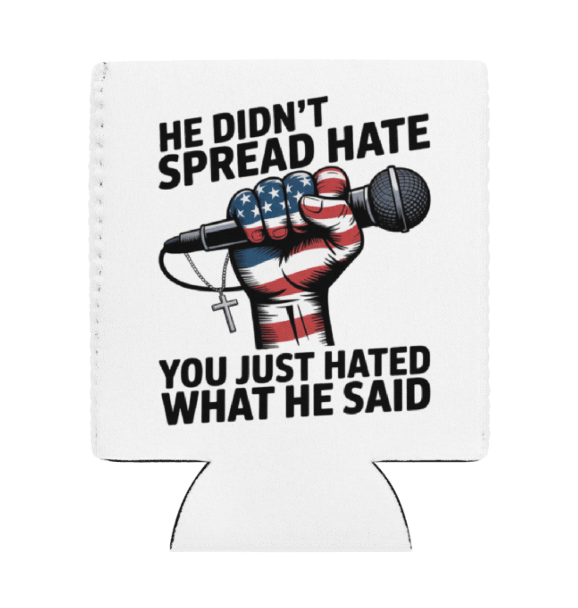 charlie kirk koozie hand gripping patriotic microphone