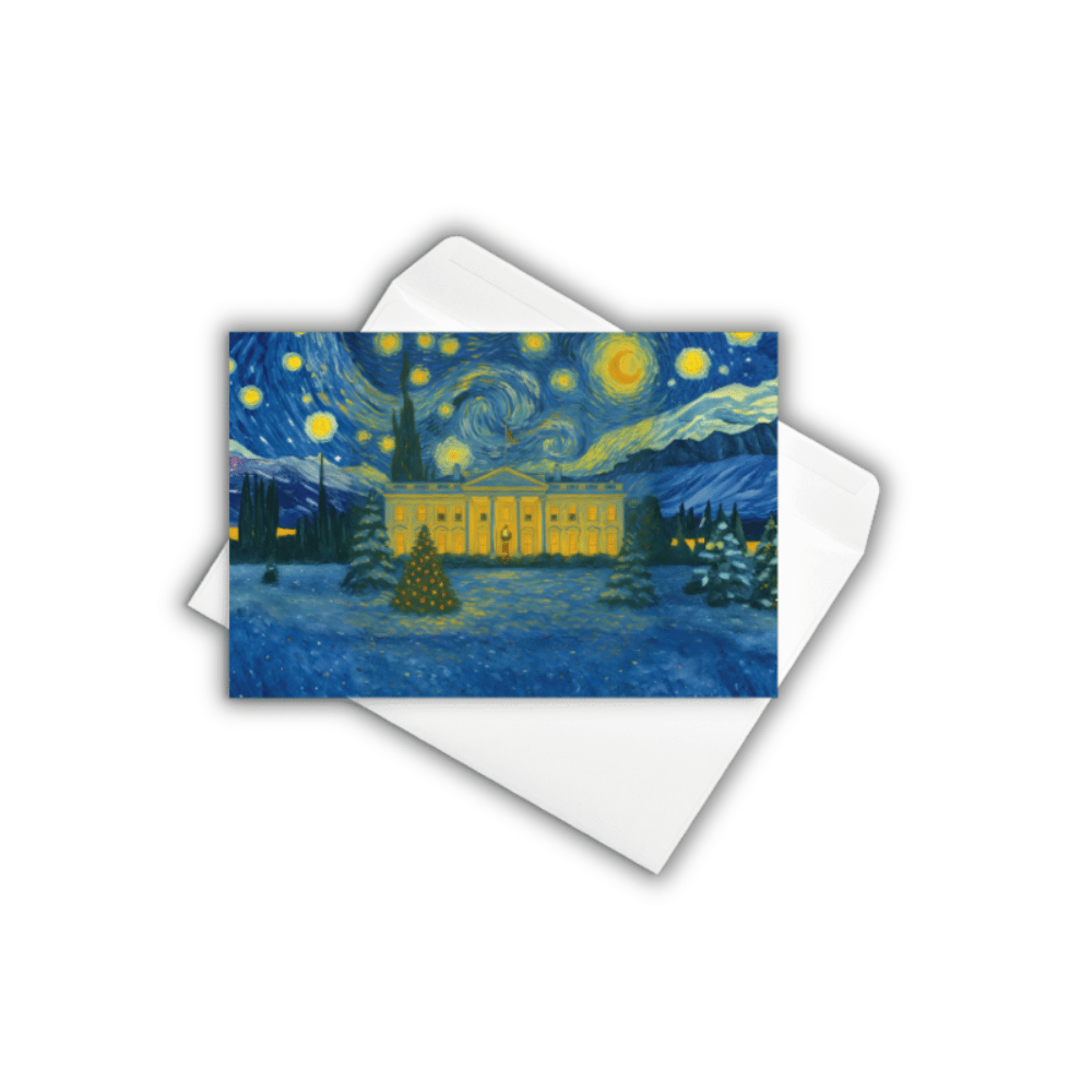 Artistic Starry Night White House greeting cards — 3-pack, blank inside, printed on premium matte cardstock with a stunning blend of art and Americana.