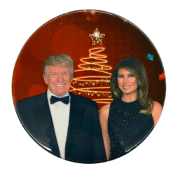 Elegant Trump & Melania Christmas ceramic coaster — glossy ceramic design with cork backing, festive patriotic style, and collectible holiday appeal.