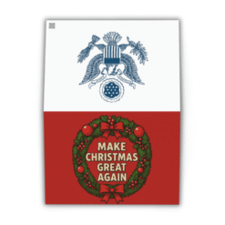 Bold Make Christmas Great Again wreath greeting cards — 3-pack, blank inside, printed on premium matte cardstock with a festive patriotic twist.