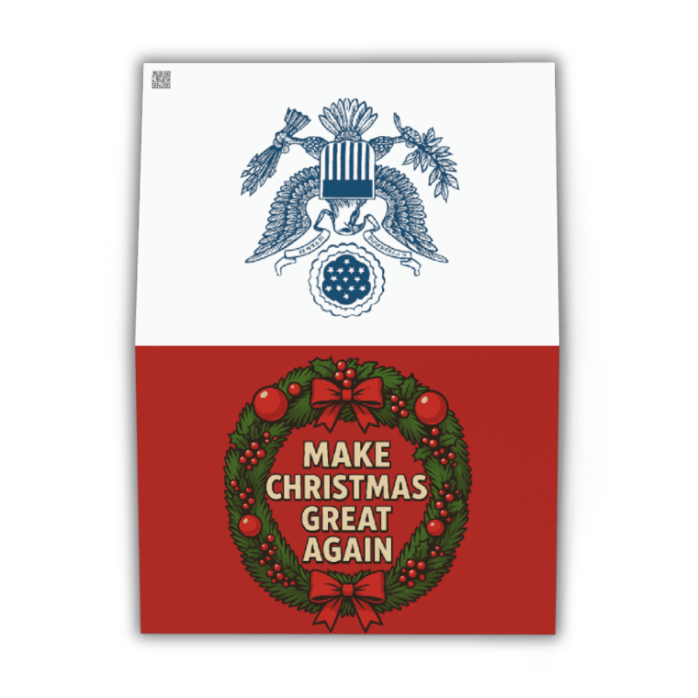 Bold Make Christmas Great Again wreath greeting cards — 3-pack, blank inside, printed on premium matte cardstock with a festive patriotic twist.