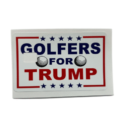 Vinyl credit card cover featuring a “Golfers for Trump” design with patriotic stars and golf ball artwork, plus a chip cut-out.