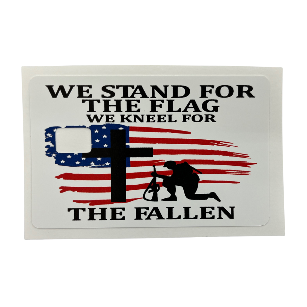 Vinyl credit card cover featuring a patriotic fallen-soldier tribute design with a chip cut-out.