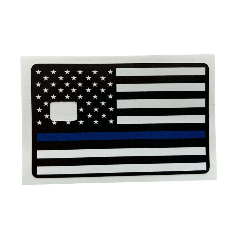 Vinyl credit card cover featuring the Thin Blue Line American flag with a chip cut-out.