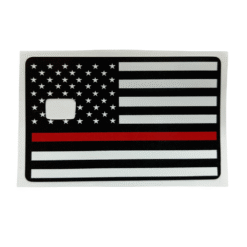 Vinyl credit card cover featuring the Thin Red Line American flag with a chip cut-out.