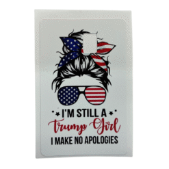 Vinyl credit card cover featuring a patriotic “Trump Girl – No Apologies” design with a chip cut-out.