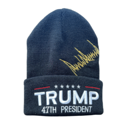 Black Trump 47th President Beanie – bold embroidered knit hat featuring Trump’s signature and patriotic detailing.