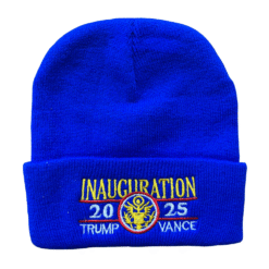 Bright Blue Trump Vance Inauguration 2025 Beanie – vibrant embroidered knit hat with gold emblem and bold patriotic detailing.