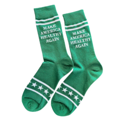 Make America Healthy Again Socks – bold green patriotic socks with white lettering and star accents.