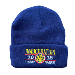 Navy Trump Vance Inauguration 2025 Beanie – classic navy embroidered hat with gold emblem and patriotic stitching.