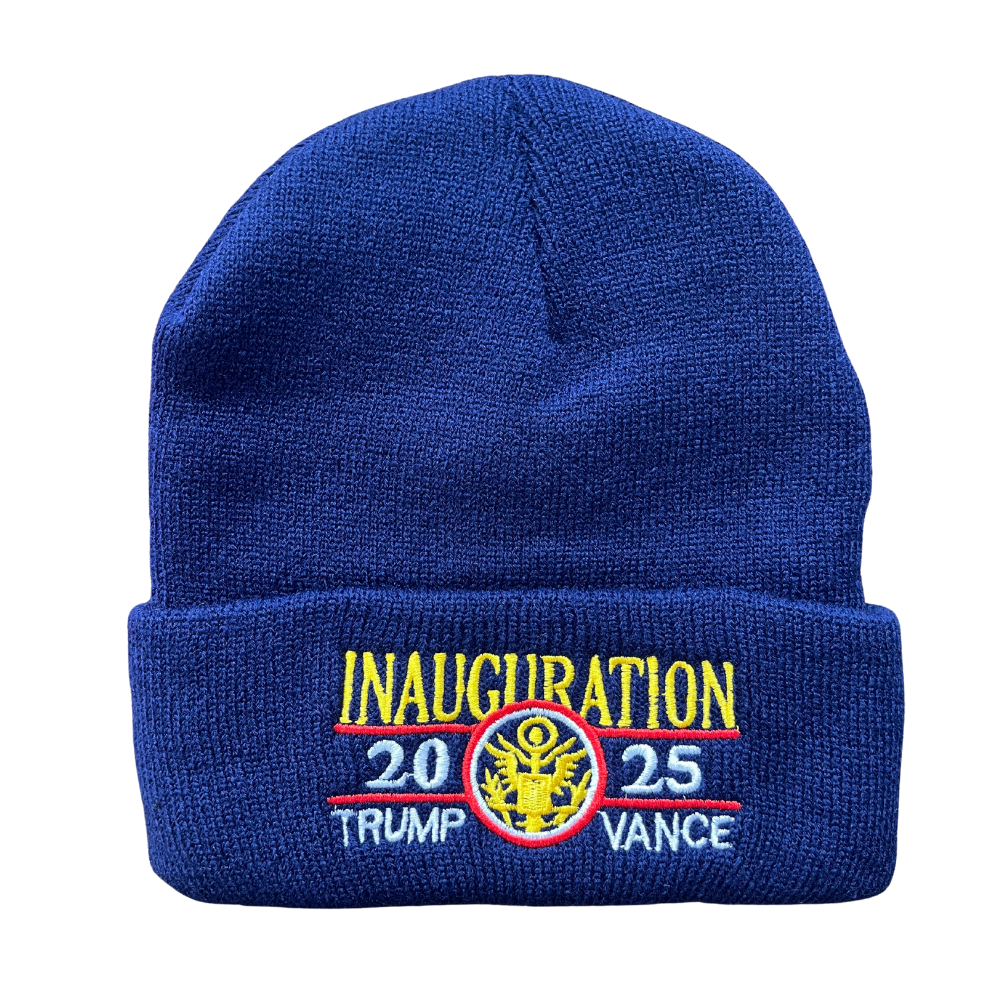 Navy Trump Vance Inauguration 2025 Beanie – classic navy embroidered hat with gold emblem and patriotic stitching.