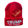 Red Trump 47th President Beanie – bold embroidered knit hat featuring Trump’s gold signature and patriotic detailing.