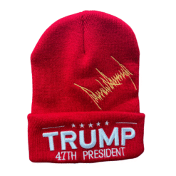 Red Trump 47th President Beanie – bold embroidered knit hat featuring Trump’s gold signature and patriotic detailing.