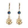 Gold-dipped drop earrings with Great Seal eagle pendants and faceted blue crystal drops — a heritage-inspired, stylish accessory blending American symbolism with subtle elegance.