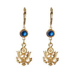 Gold-dipped drop earrings with Great Seal eagle pendants and faceted blue crystal drops — a heritage-inspired, stylish accessory blending American symbolism with subtle elegance.