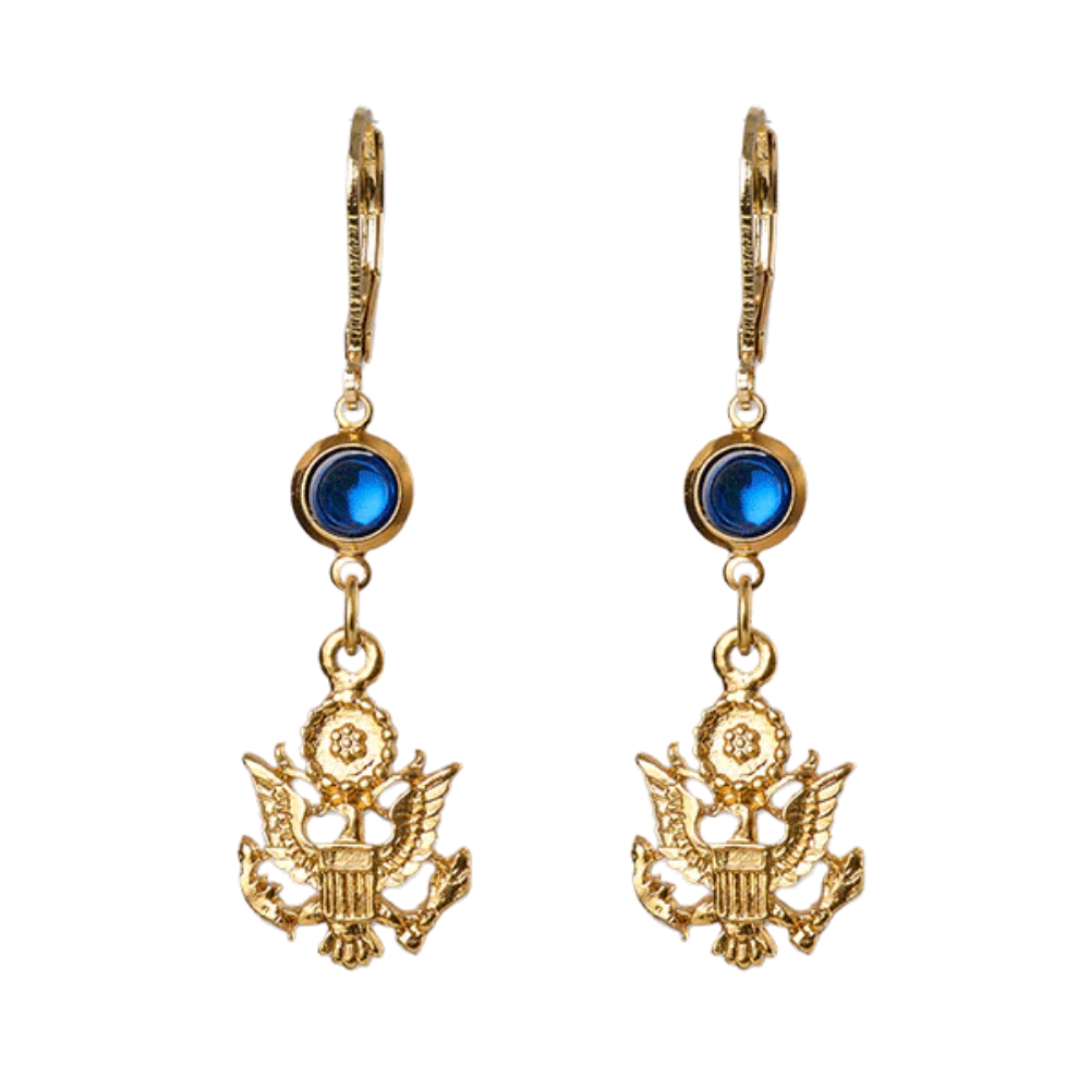 Gold-dipped drop earrings with Great Seal eagle pendants and faceted blue crystal drops — a heritage-inspired, stylish accessory blending American symbolism with subtle elegance.