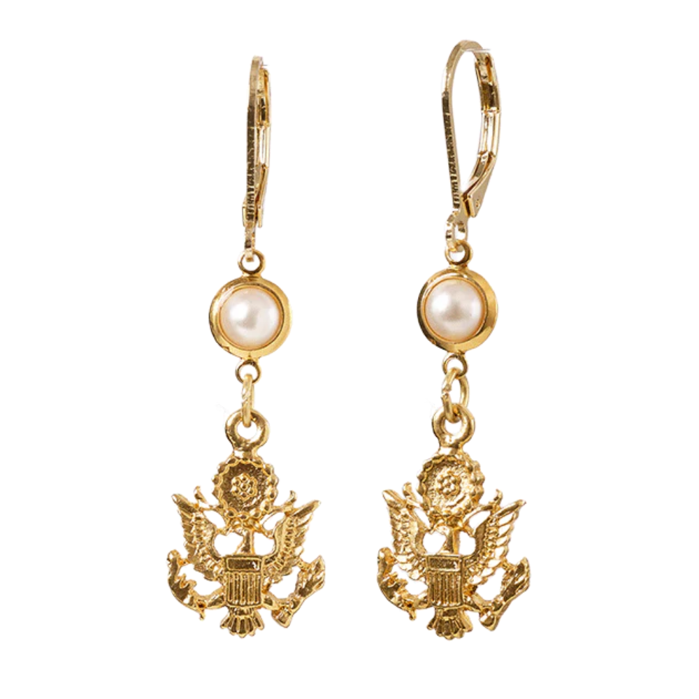 Gold-dipped drop earrings featuring a Great Seal eagle pendant and a hanging faux pearl — a heritage-inspired accessory that pairs patriotic symbolism with elegant simplicity.