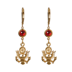 Gold-dipped earrings featuring the Great Seal eagle and a red crystal drop — a heritage-inspired, everyday-ready accessory blending patriotic symbolism with refined style.