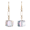 Gold-tone drop earrings with clear faceted crystal-cube pendants — a simple, elegant accessory inspired by the White House Green Room.