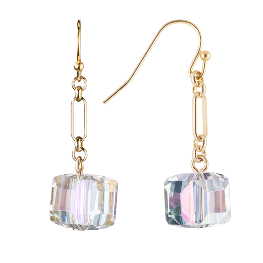 Gold-tone drop earrings with clear faceted crystal-cube pendants — a simple, elegant accessory inspired by the White House Green Room.