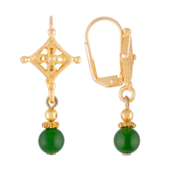 Gold-tone latch-back earrings with emerald-green faceted crystal drops — a refined, historically inspired accessory suitable for formal or everyday wear.