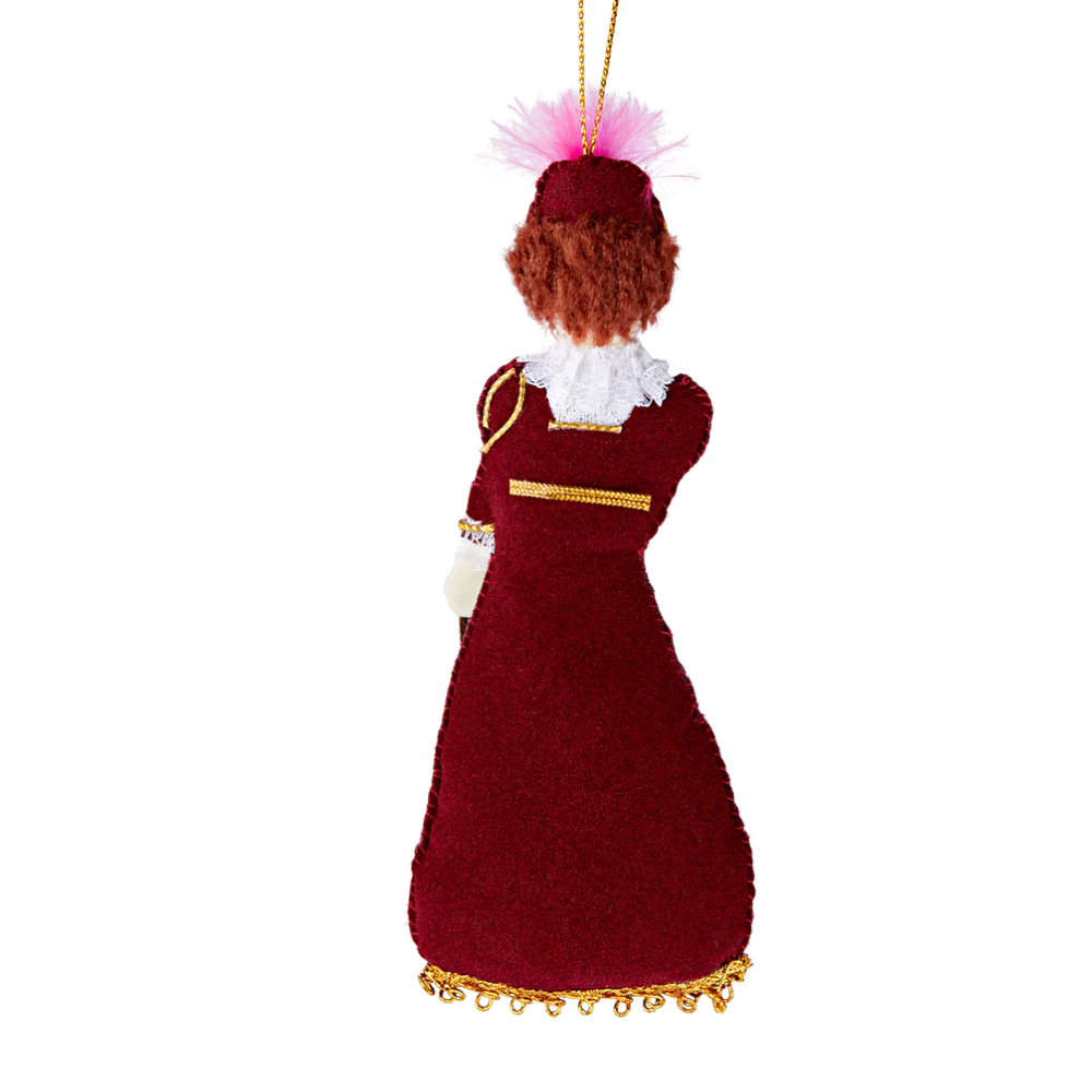 A handcrafted felt ornament honoring Dolley Madison, approximately 2.75" × 6", suitable for holiday decoration or a historical keepsake display.