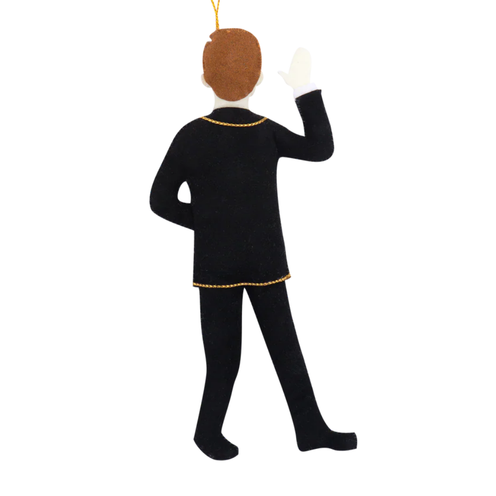 A handcrafted felt ornament honoring John F. Kennedy, sized about 2.75" × 6", designed as an elegant tribute to the 35th President.