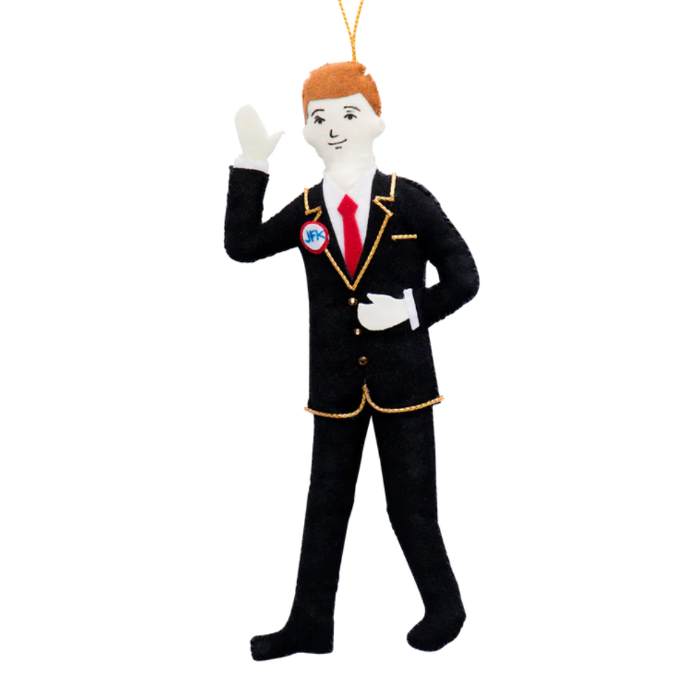 A handcrafted felt ornament honoring John F. Kennedy, sized about 2.75" × 6", designed as an elegant tribute to the 35th President.