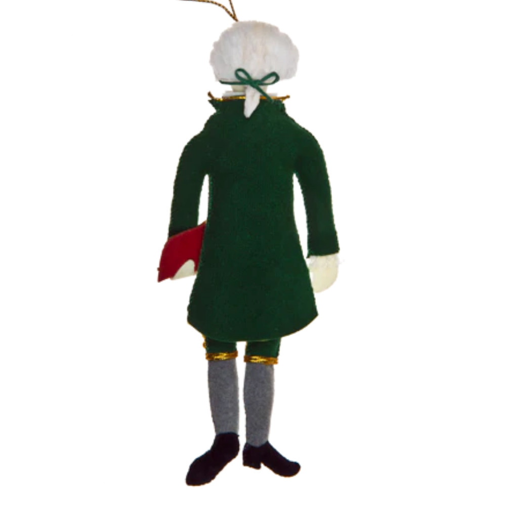 A handcrafted felt ornament of President Thomas Jefferson, measuring about 2" × 6.5", perfect for patriotic or holiday displays.