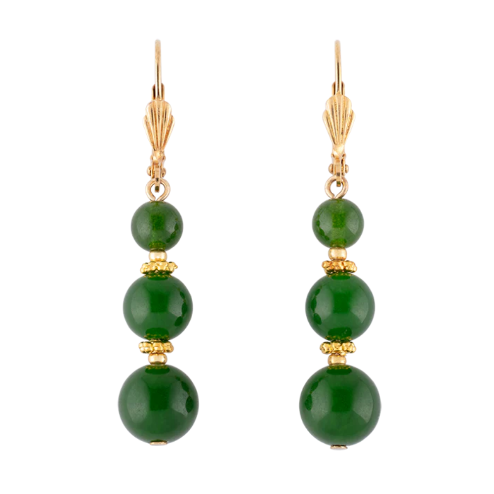 Three-bead jade drop earrings, 2-inch gold-accented design, elegantly inspired by the Green Room — a refined, historically-inspired accessory for gift or personal wear.
