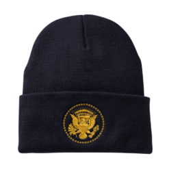 A cozy navy knit beanie embroidered with the Truman Presidential Seal — warm, stylish, and perfect for cold weather with heritage appeal.