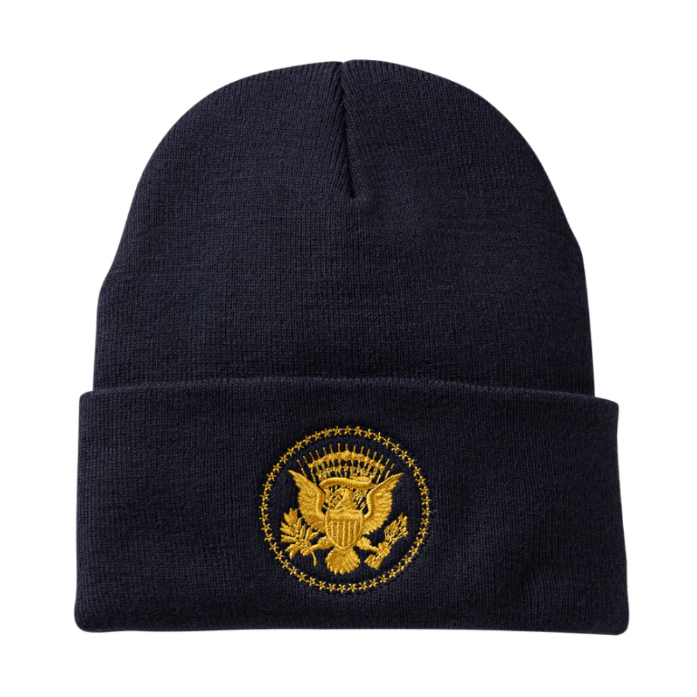 A cozy navy knit beanie embroidered with the Truman Presidential Seal — warm, stylish, and perfect for cold weather with heritage appeal.