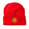 A cozy red knit beanie with embroidered Truman Presidential Seal — warm, bold, and perfect for cold weather with heritage appeal.