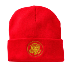 A cozy red knit beanie with embroidered Truman Presidential Seal — warm, bold, and perfect for cold weather with heritage appeal.