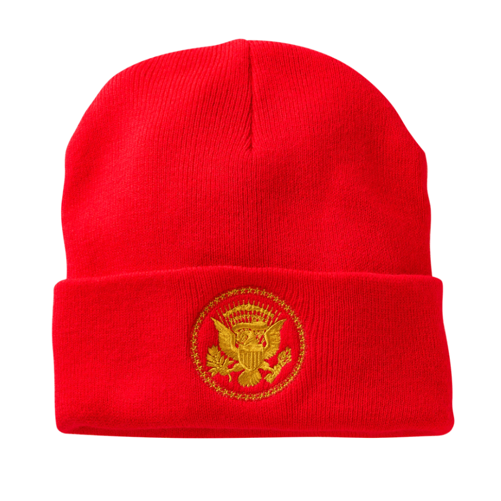 A cozy red knit beanie with embroidered Truman Presidential Seal — warm, bold, and perfect for cold weather with heritage appeal.