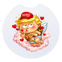 Trump Cupid car coasters 3-pack featuring bold Valentine artwork, satirical humor, and a cup holder-ready design made for daily use.