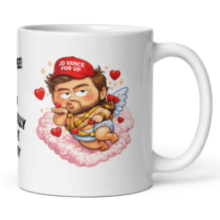 JD Vance Cupid 11oz coffee mug featuring bold Valentine artwork, satirical humor, and a standout design made to spark reactions.